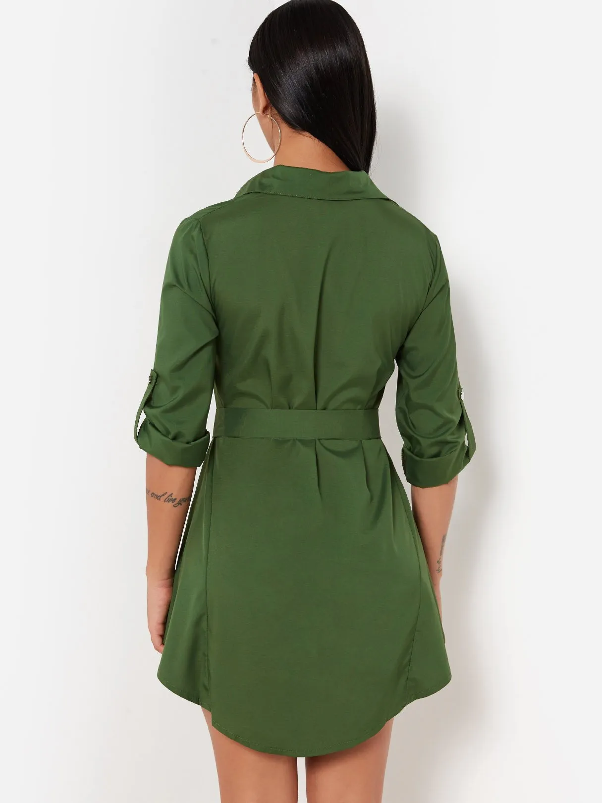 Wholesale Army Green Classic Collar 3/4 Sleeve Plain Self-Tie Irregular Hem Casual Dresses