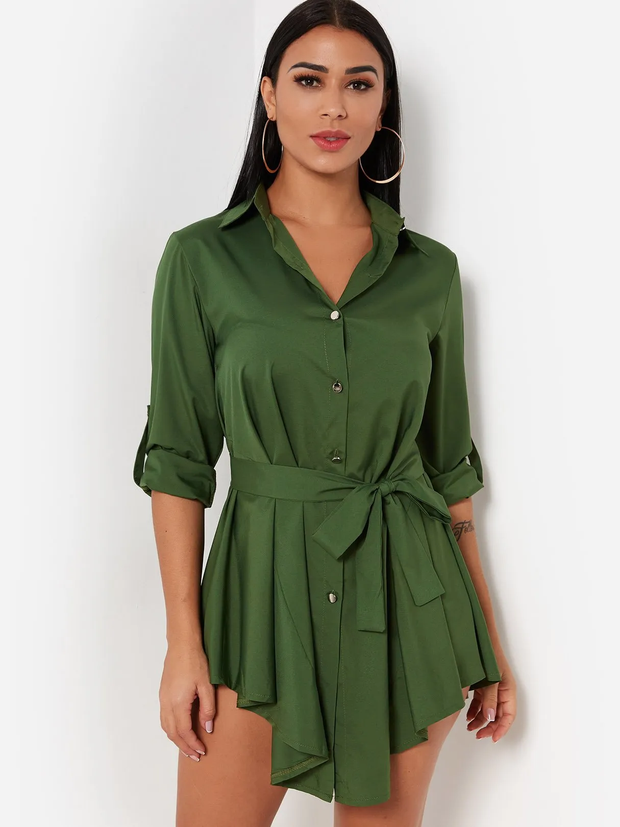 Wholesale Army Green Classic Collar 3/4 Sleeve Plain Self-Tie Irregular Hem Casual Dresses