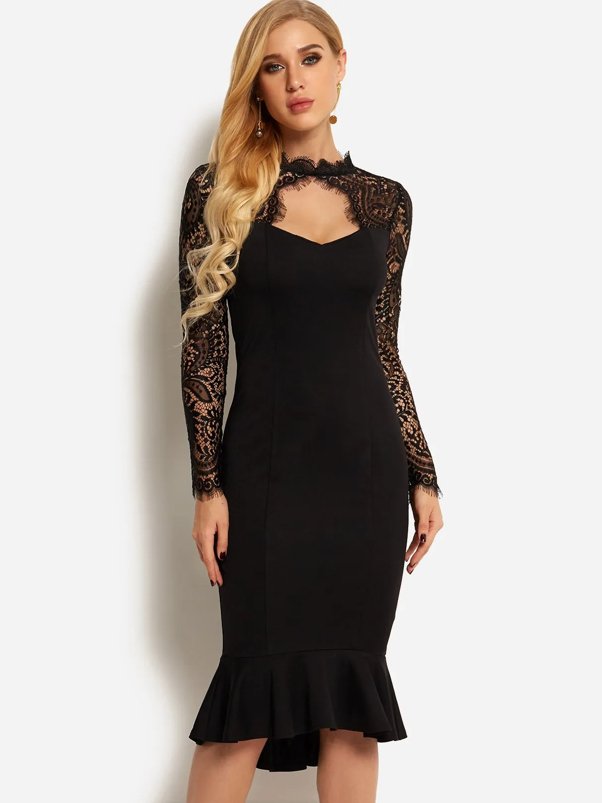 Wholesale Black Halter V-Neck Long Sleeve Plain Lace Backless Cut Out See Through Flounced Hem Casual Dresses