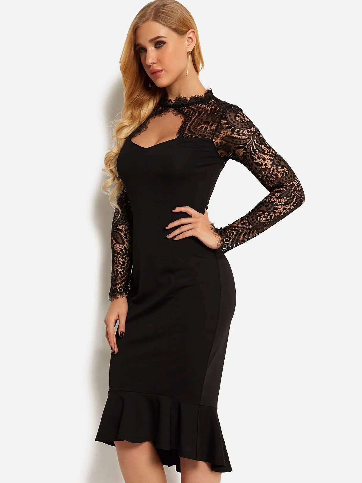 Wholesale Black Halter V-Neck Long Sleeve Plain Lace Backless Cut Out See Through Flounced Hem Casual Dresses