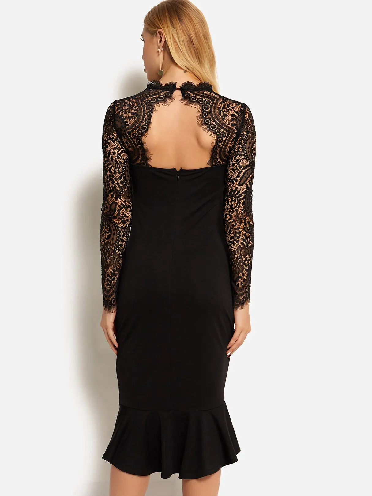 Wholesale Black Halter V-Neck Long Sleeve Plain Lace Backless Cut Out See Through Flounced Hem Casual Dresses