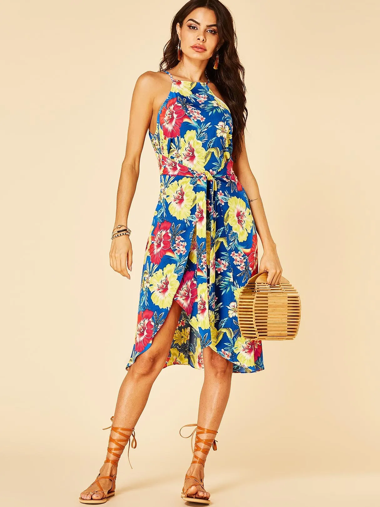 Wholesale Blue Halter Sleeveless Floral Print Self-Tie Irregular Hem Casual Dress