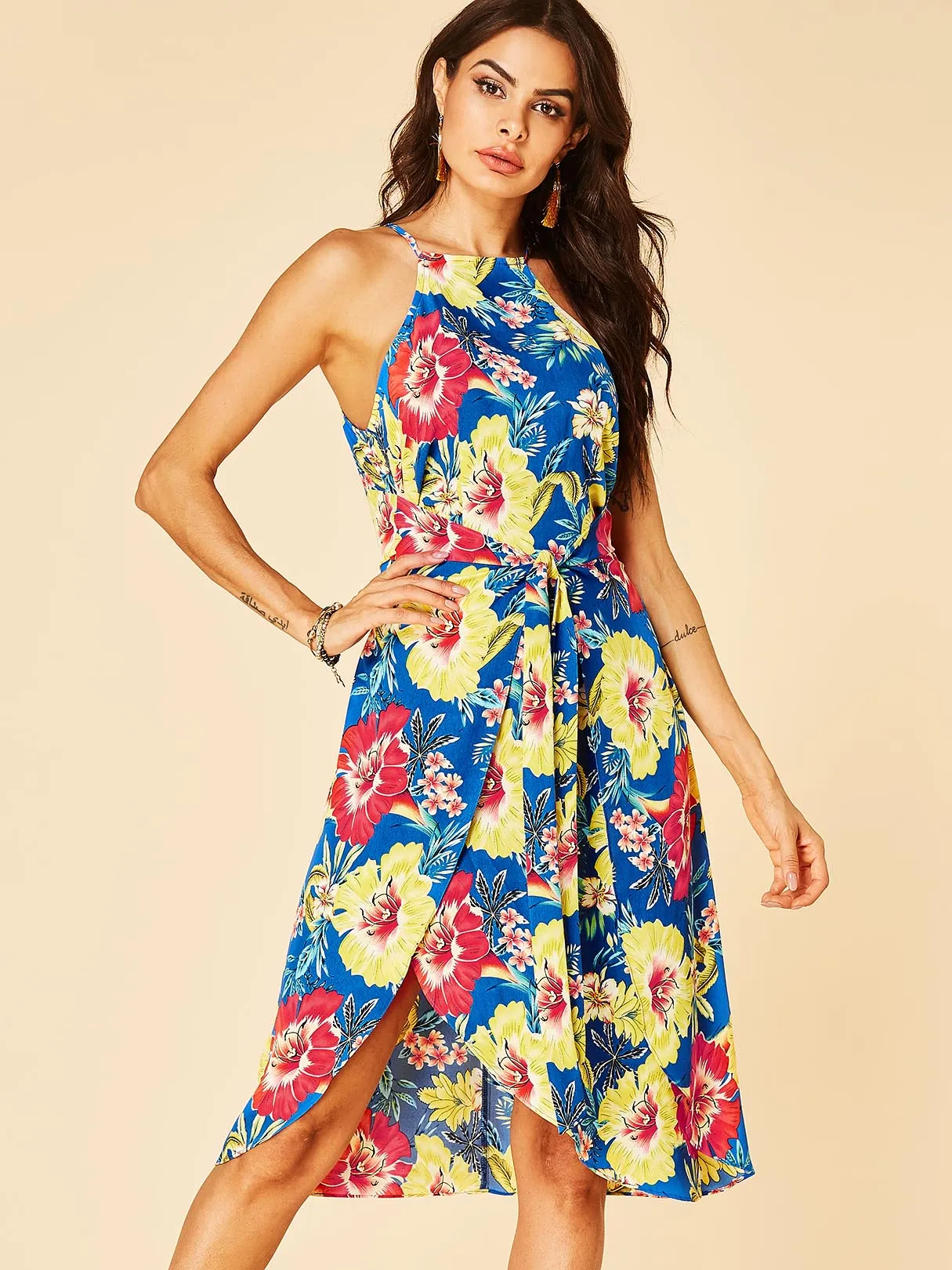 Wholesale Blue Halter Sleeveless Floral Print Self-Tie Irregular Hem Casual Dress