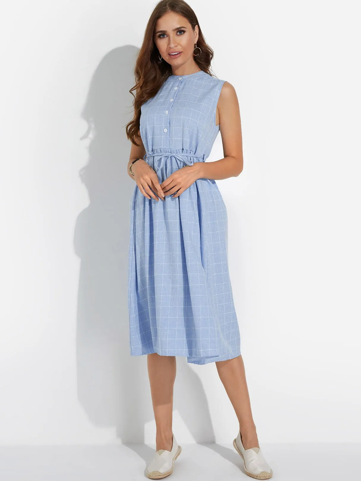 Wholesale Blue Round Neck Sleeveless Grid Self-Tie Casual Dresses