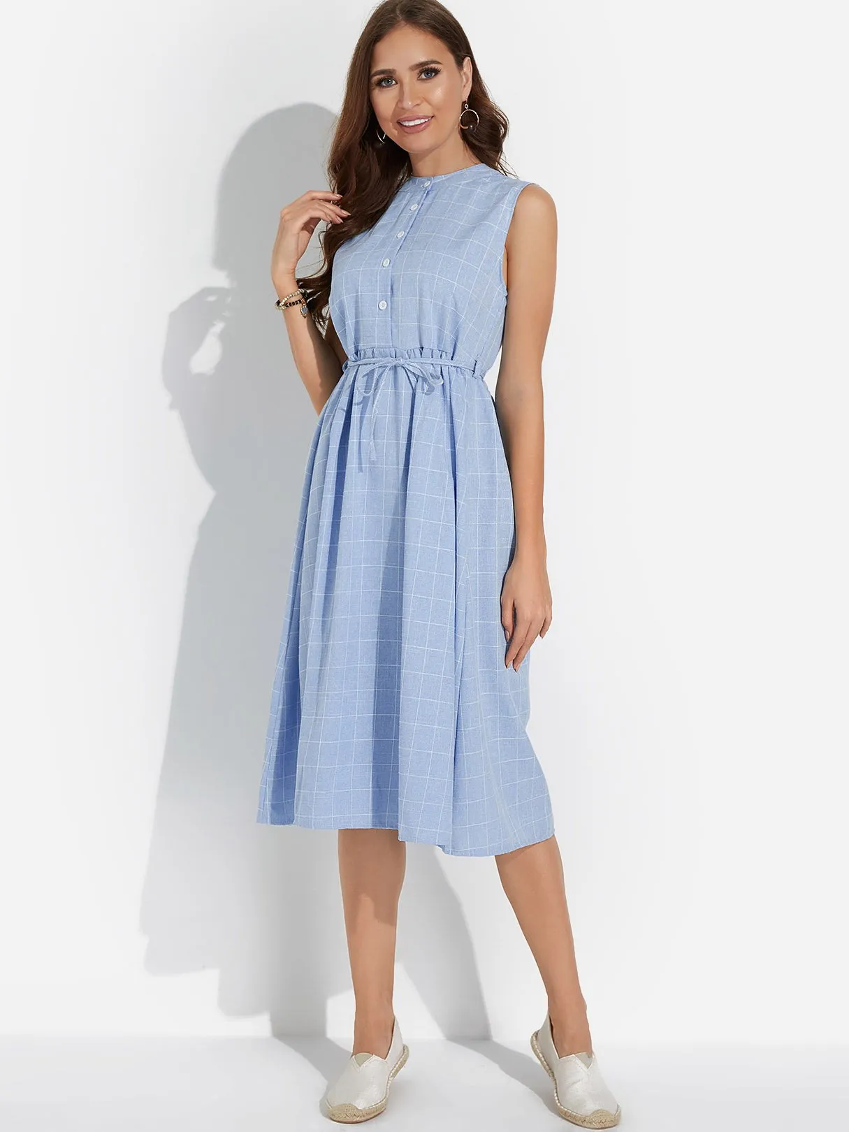 Wholesale Blue Round Neck Sleeveless Grid Self-Tie Casual Dresses