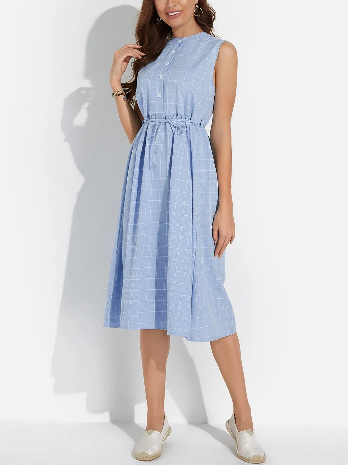 Wholesale Blue Round Neck Sleeveless Grid Self-Tie Casual Dresses