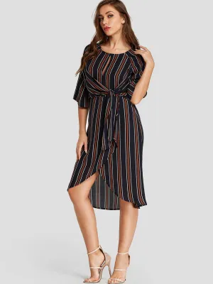 Wholesale Navy Round Neck Half Sleeve Stripe Crossed Front Cut Out Belt Irregular Hem Casual Dress