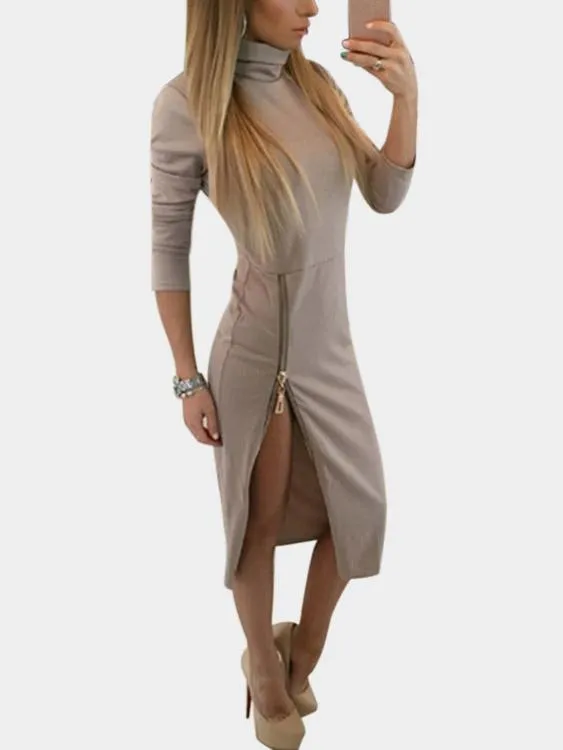 Wholesale Perkins Collar Zip Back 3/4 Length Sleeve Slit Hem Khaki Casual Dresses