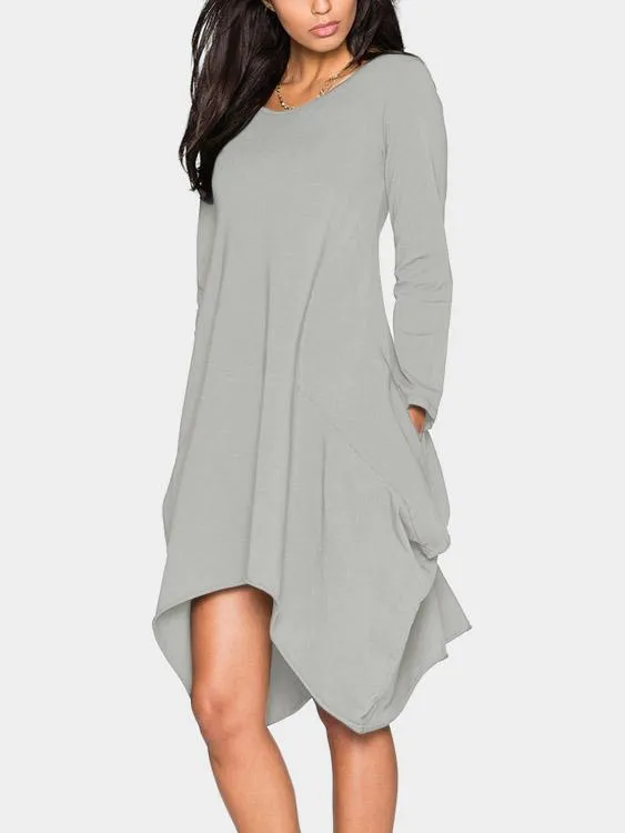 Wholesale Round Neck Long Sleeve Irregular Hem Casual Dresses