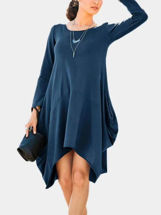 Wholesale Round Neck Long Sleeve Irregular Hem Casual Dresses