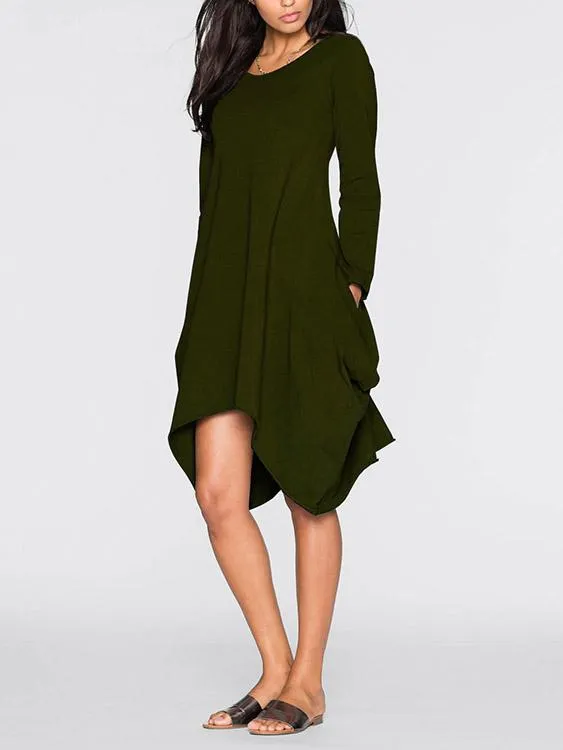 Wholesale Round Neck Long Sleeve Irregular Hem Casual Dresses