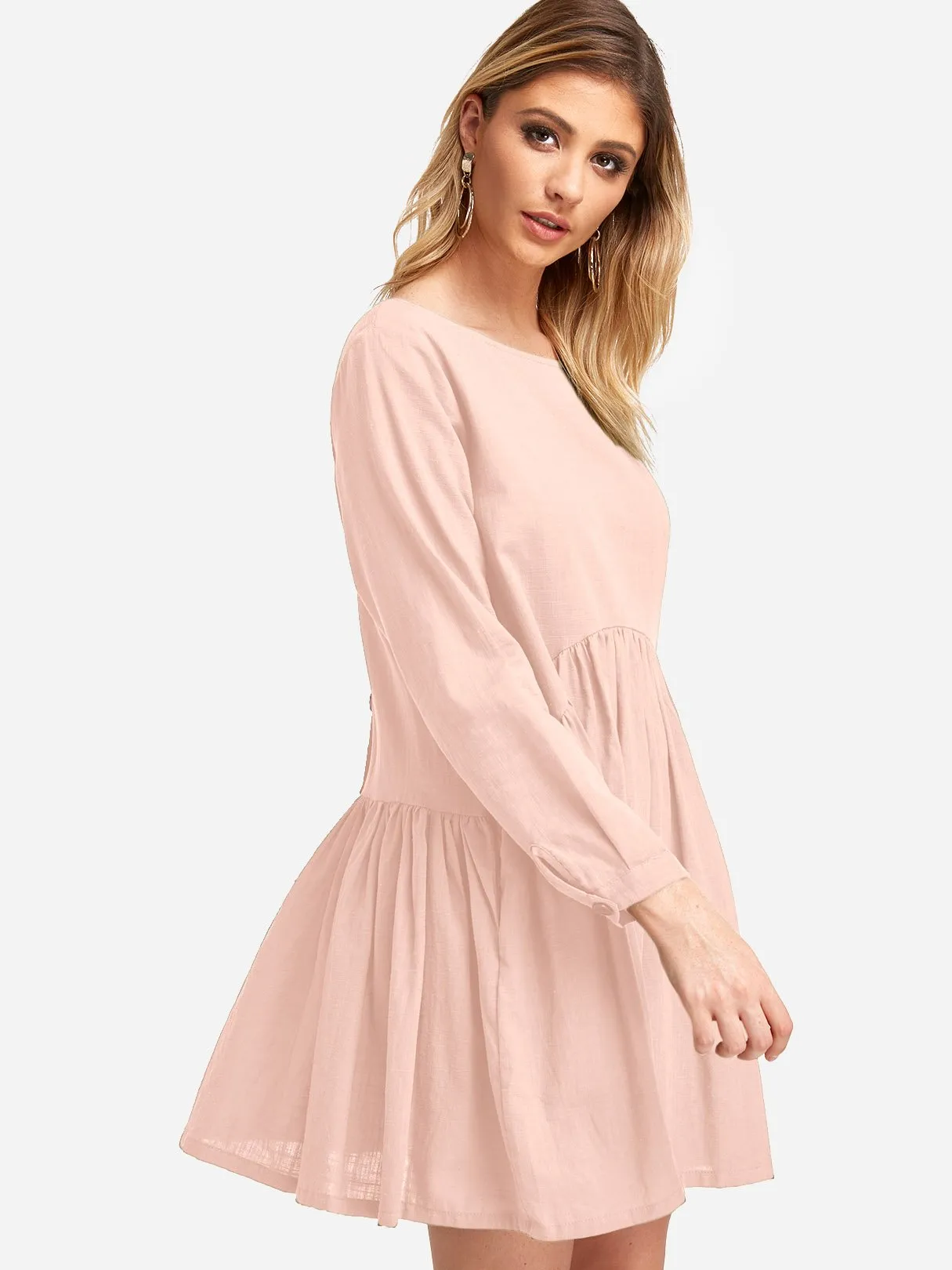 Wholesale Round Neck Long Sleeve Pleated Casual Dress