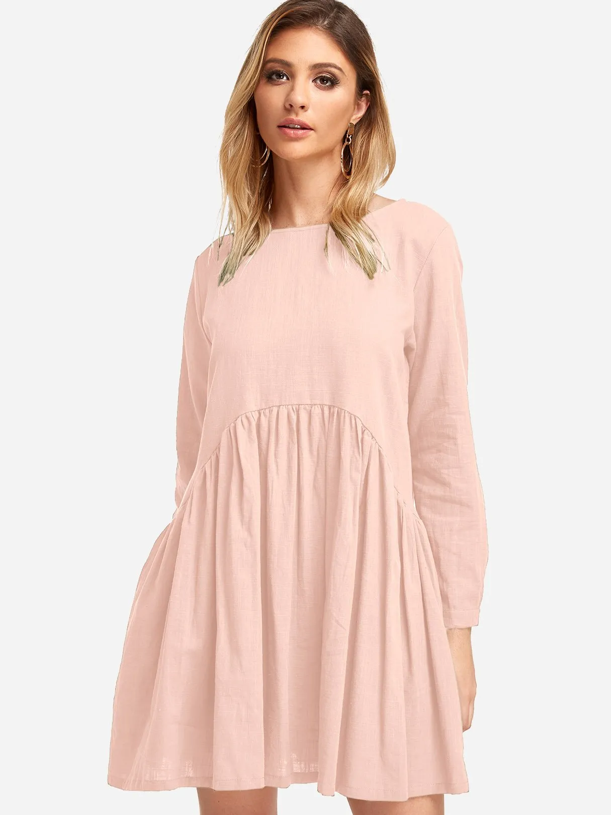 Wholesale Round Neck Long Sleeve Pleated Casual Dress