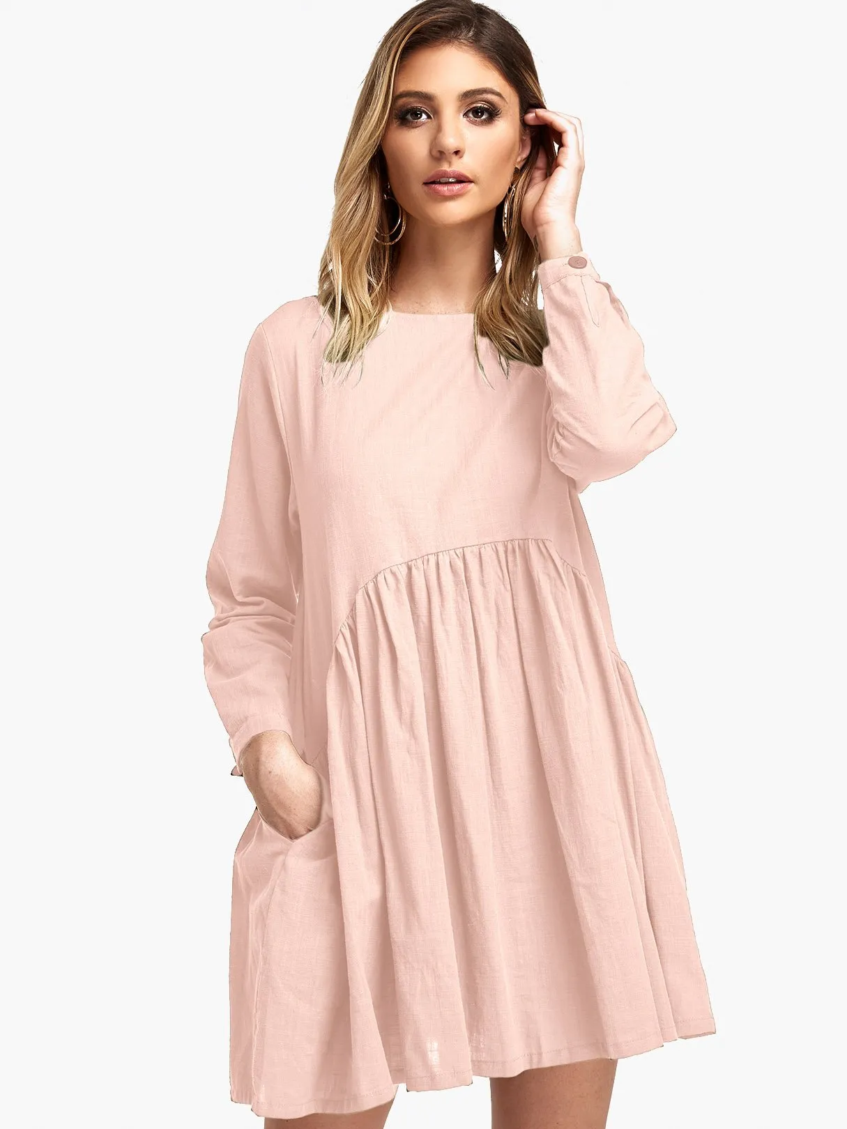 Wholesale Round Neck Long Sleeve Pleated Casual Dress