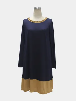 Wholesale Round Neck Long Sleeve Stitching Hem Navy Casual Dresses